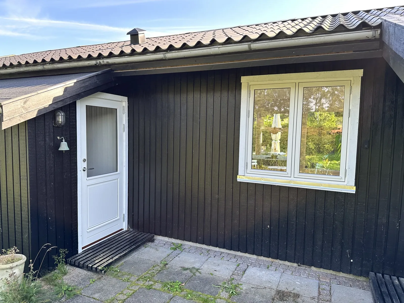 Sortmalet træfacade med ny dør og vindue